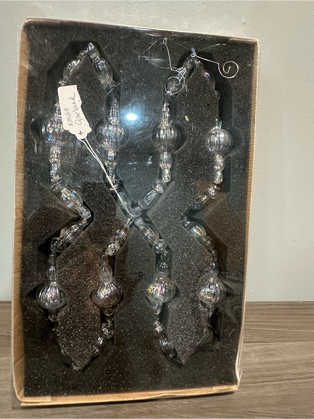 Vintage Iridescent Clear Blown Glass Christmas Tree Garland Boxed
